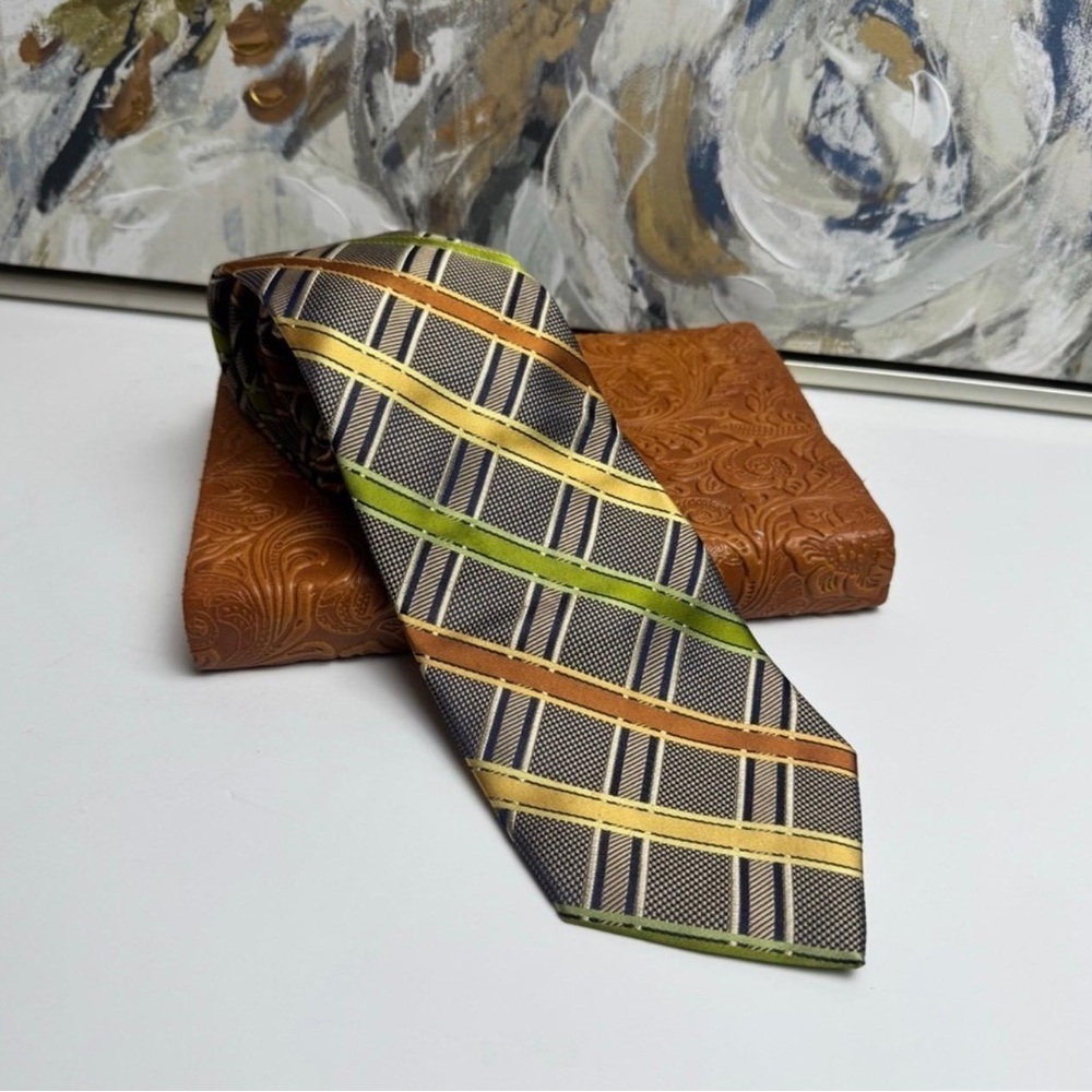 Bruno Piattelli 100% Silk Tie Gold Green Blue Plaid Stripe Made in Italy